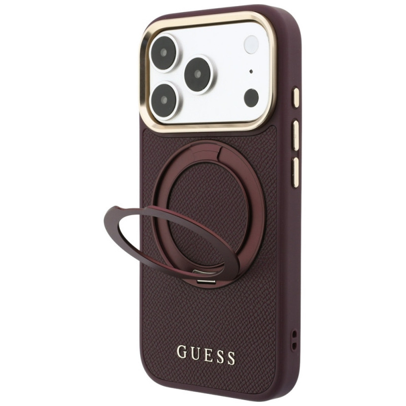 Capa MagSafe Guess Ring Stand 360 Grained Classic Logo para Apple iPhone 18 Pro / 17 Pro, bordô