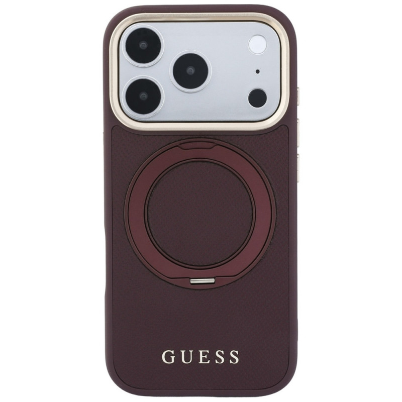 Capa MagSafe Guess Ring Stand 360 Grained Classic Logo para Apple iPhone 18 Pro / 17 Pro, bordô