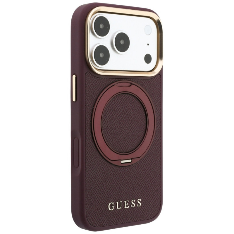 Capa MagSafe Guess Ring Stand 360 Grained Classic Logo para Apple iPhone 18 Pro / 17 Pro, bordô