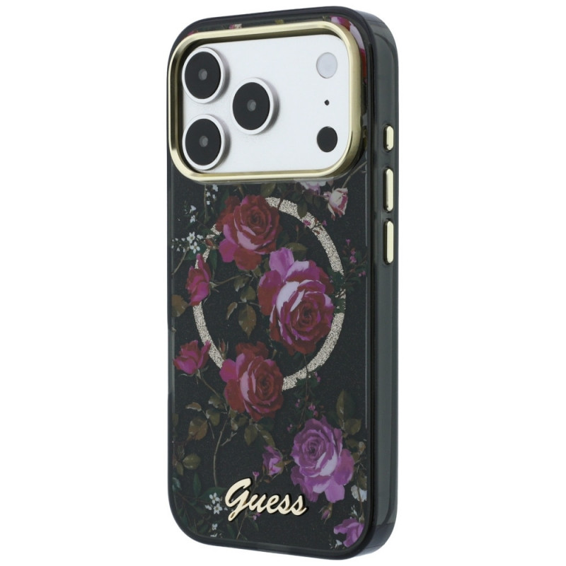 Capa rígida Guess GUE6042 IML Glitter Blossom Roses MagSafe para Apple iPhone 18 Pro Max / 17 Pro Max, preta