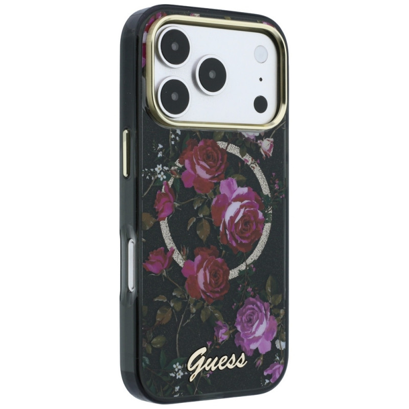 Capa rígida Guess GUE6042 IML Glitter Blossom Roses MagSafe para Apple iPhone 18 Pro Max / 17 Pro Max, preta