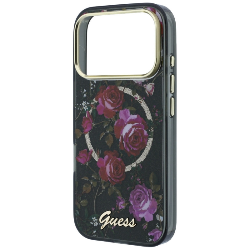 Capa rígida Guess GUE6042 IML Glitter Blossom Roses MagSafe para Apple iPhone 18 Pro Max / 17 Pro Max, preta