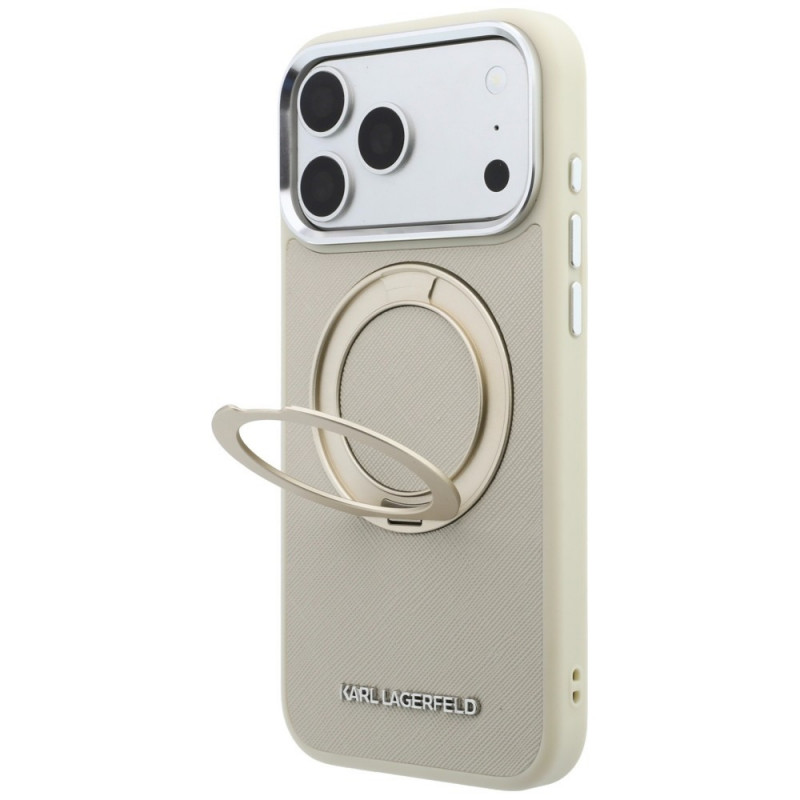 Capa MagSafe Karl Lagerfeld Ring Stand 360 Saffiano Classic Logo para Apple iPhone 18 Pro / 17 Pro, bege
