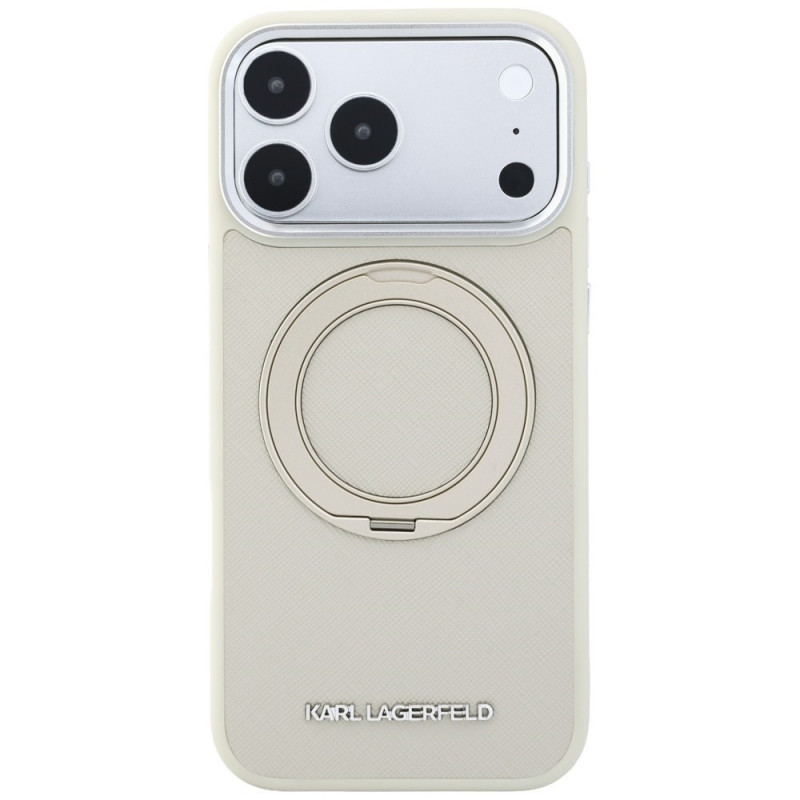 Capa MagSafe Karl Lagerfeld Ring Stand 360 Saffiano Classic Logo para Apple iPhone 18 Pro / 17 Pro, bege