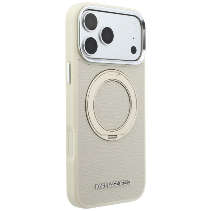 Capa MagSafe Karl Lagerfeld Ring Stand 360 Saffiano Classic Logo para Apple iPhone 18 Pro / 17 Pro, bege