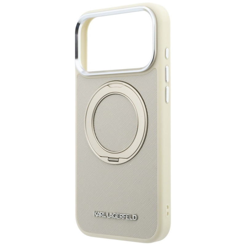 Capa MagSafe Karl Lagerfeld Ring Stand 360 Saffiano Classic Logo para Apple iPhone 18 Pro / 17 Pro, bege