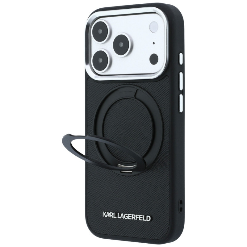 Capa MagSafe Karl Lagerfeld Ring Stand 360 Saffiano Classic Logo para Apple iPhone 18 Pro / 17 Pro, preta (KF003179)