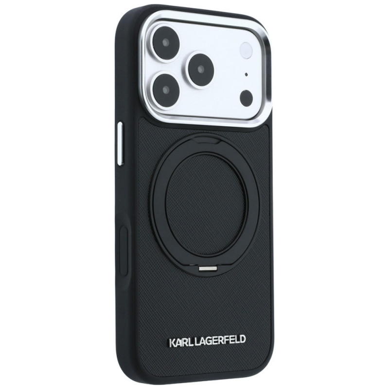 Capa MagSafe Karl Lagerfeld Ring Stand 360 Saffiano Classic Logo para Apple iPhone 18 Pro / 17 Pro, preta (KF003179)