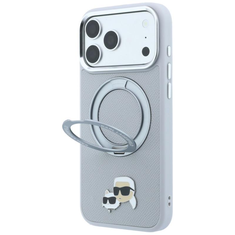 Capa MagSafe Karl Lagerfeld with Ring Stand 360 Karl & Choupette Heads Pin para Apple iPhone 18 Pro Max / 17 Pro Max, cinzenta