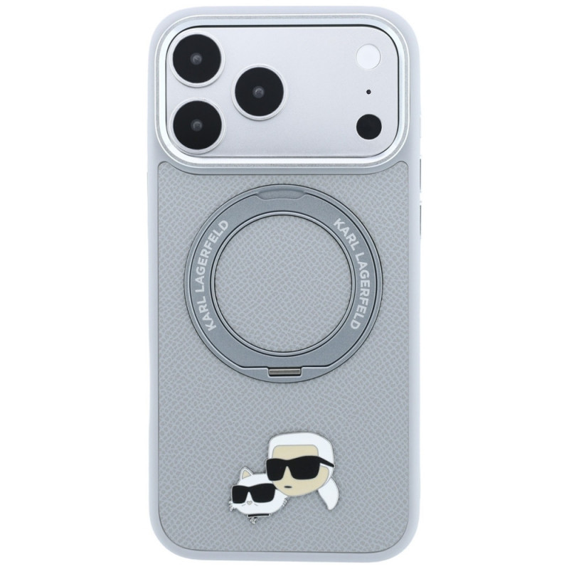 Capa MagSafe Karl Lagerfeld with Ring Stand 360 Karl & Choupette Heads Pin para Apple iPhone 18 Pro Max / 17 Pro Max, cinzenta