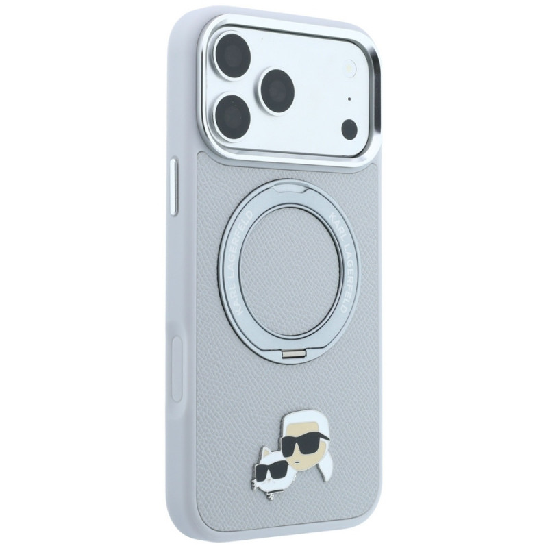 Capa MagSafe Karl Lagerfeld with Ring Stand 360 Karl & Choupette Heads Pin para Apple iPhone 18 Pro Max / 17 Pro Max, cinzenta