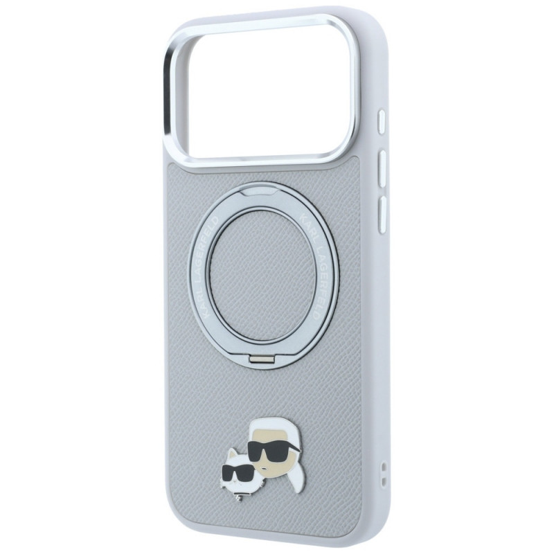 Capa MagSafe Karl Lagerfeld with Ring Stand 360 Karl & Choupette Heads Pin para Apple iPhone 18 Pro Max / 17 Pro Max, cinzenta