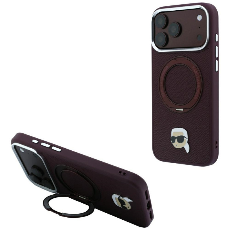 Capa MagSafe Karl Lagerfeld with Ring Stand 360 Karl Head Pin para Apple iPhone 18 Pro Max / 17 Pro Max, bordô