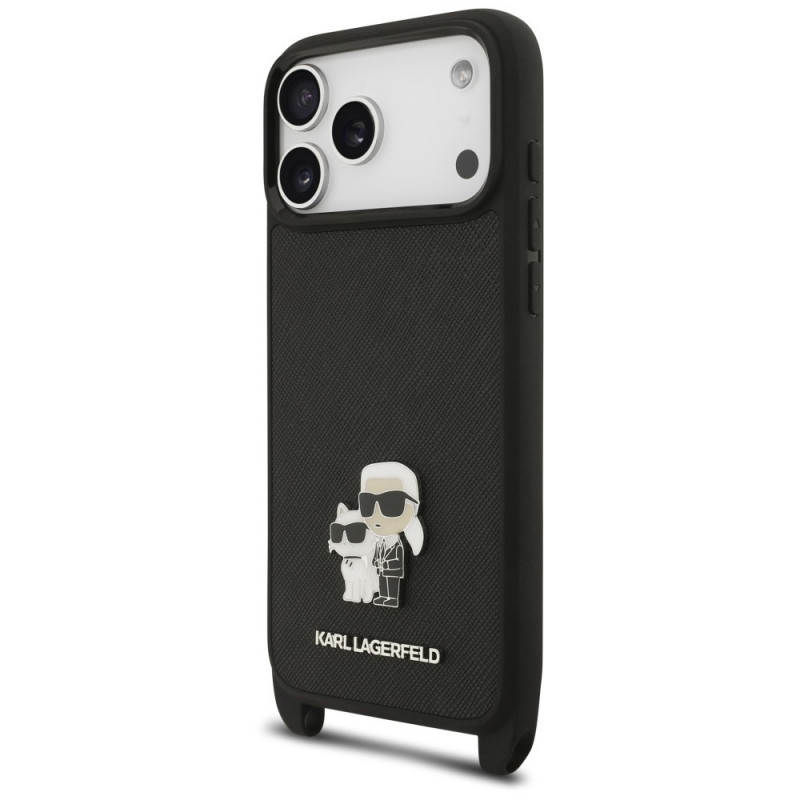 Capa Karl Lagerfeld Saffiano Karl&Choupette Metal Pin CBDY Strap para Apple iPhone 18 Pro / 17 Pro, preta