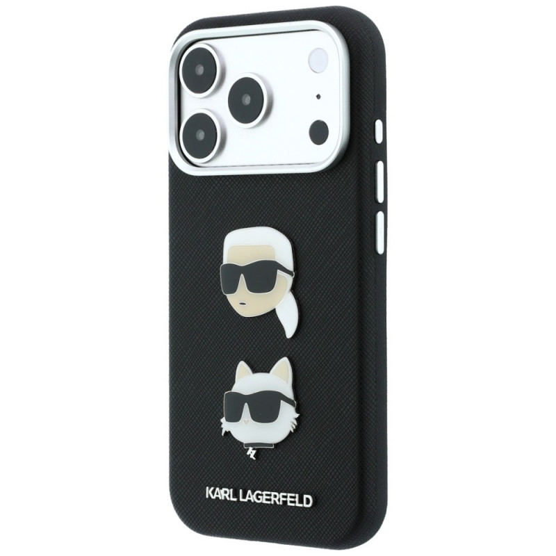 Capa Karl Lagerfeld Saffiano Karl&Choupette Heads Pins Strap Logo para Apple iPhone 18 Pro / 17 Pro, preta