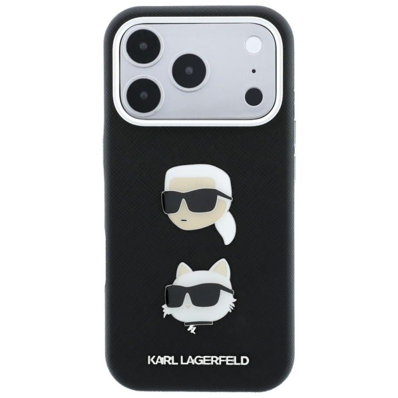 Capa Karl Lagerfeld Saffiano Karl&Choupette Heads Pins Strap Logo para Apple iPhone 18 Pro / 17 Pro, preta