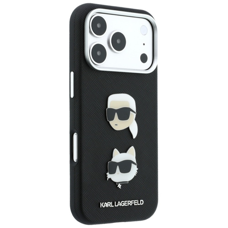 Capa Karl Lagerfeld Saffiano Karl&Choupette Heads Pins Strap Logo para Apple iPhone 18 Pro / 17 Pro, preta