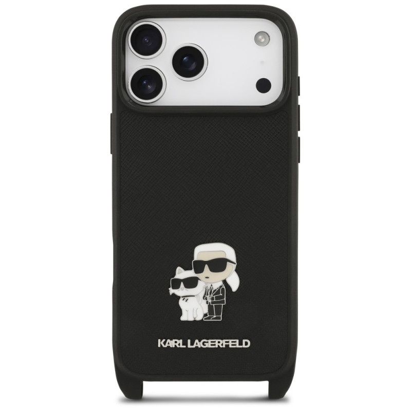 Capa Karl Lagerfeld Saffiano Karl&Choupette Metal Pin CBDY Strap para Apple iPhone 18 Pro Max / 17 Pro Max, preta
