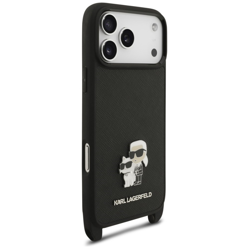 Capa Karl Lagerfeld Saffiano Karl&Choupette Metal Pin CBDY Strap para Apple iPhone 18 Pro Max / 17 Pro Max, preta