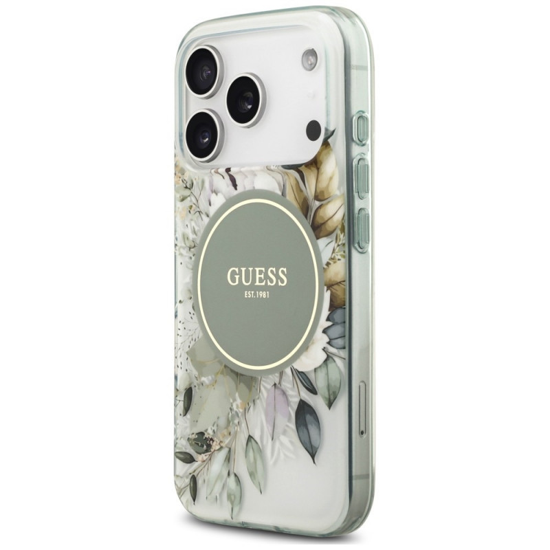 Capa MagSafe Guess IML Flower & Tonal Circle para Apple iPhone 18 Pro Max / 17 Pro Max, verde