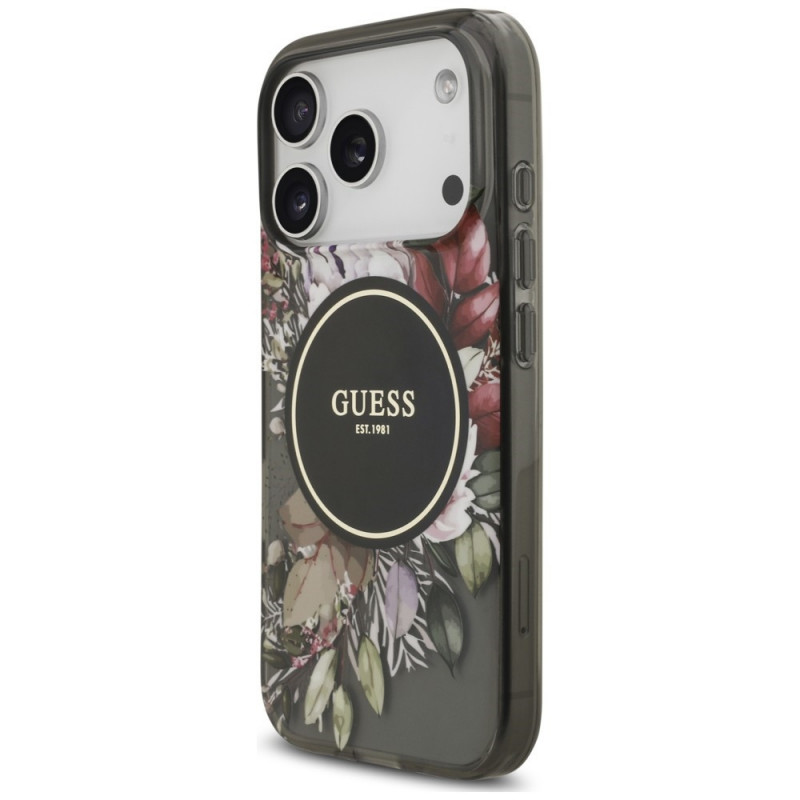 Capa MagSafe Guess IML Flowers Pearl Strap para Apple iPhone 18 Pro / 17 Pro, preta