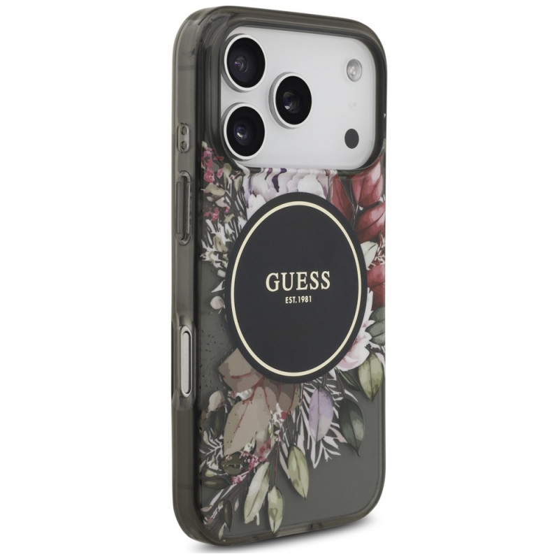 Capa MagSafe Guess IML Flowers Pearl Strap para Apple iPhone 18 Pro / 17 Pro, preta