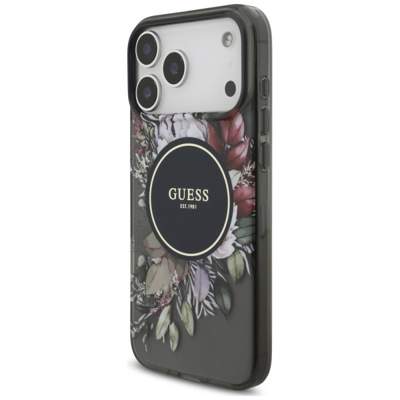 Capa MagSafe Guess IML Flowers Pearl Strap para Apple iPhone 18 Pro Max / 17 Pro Max, preta