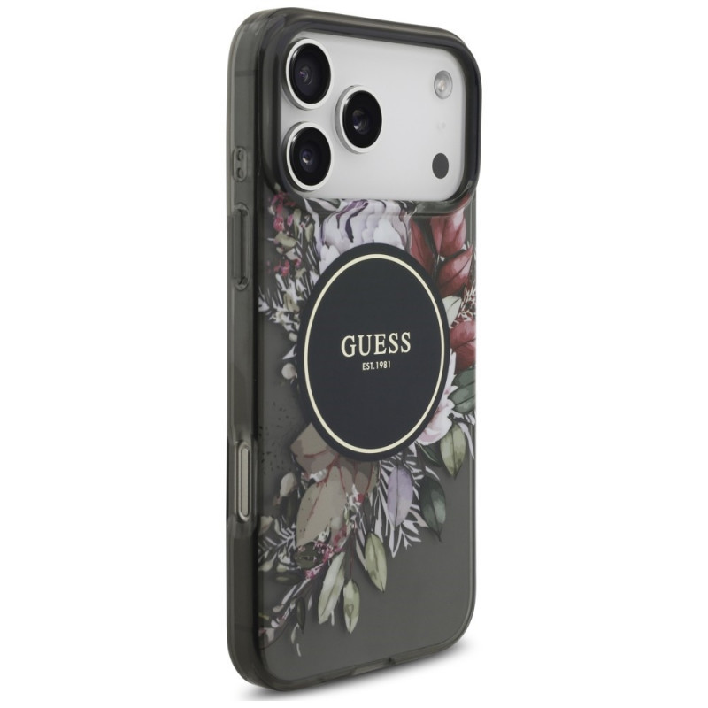 Capa MagSafe Guess IML Flowers Pearl Strap para Apple iPhone 18 Pro Max / 17 Pro Max, preta
