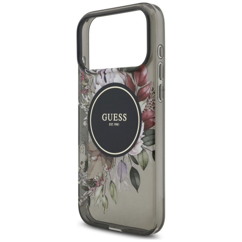 Capa MagSafe Guess IML Flowers Pearl Strap para Apple iPhone 18 Pro Max / 17 Pro Max, preta