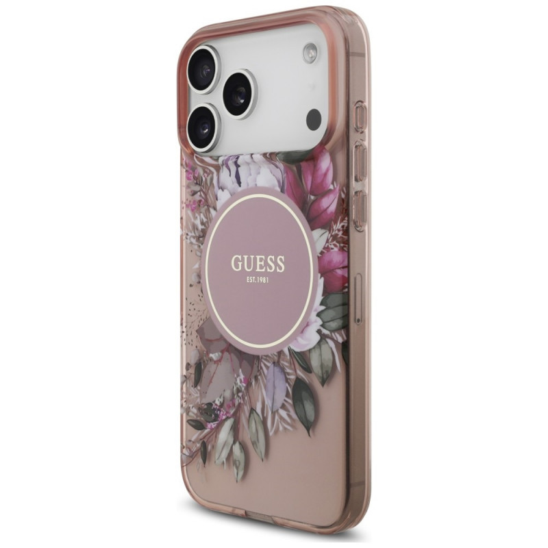 Capa MagSafe Guess IML Flowers Pearl Strap para Apple iPhone 18 Pro / 17 Pro, rosa