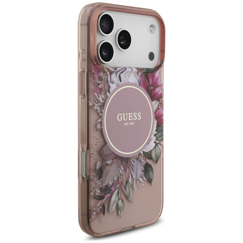 Capa MagSafe Guess IML Flowers Pearl Strap para Apple iPhone 18 Pro / 17 Pro, rosa