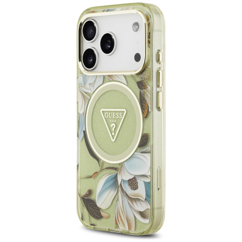 Capa MagSafe Guess IML Glitter Flowers Triangle para Apple iPhone 18 Pro Max / 17 Pro Max, verde