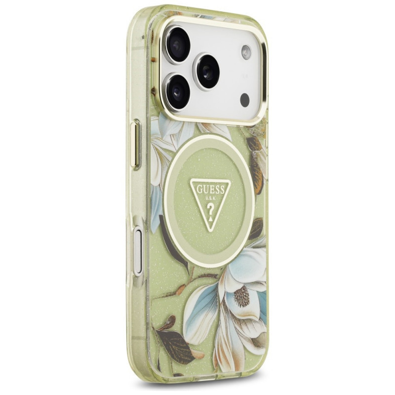 Capa MagSafe Guess IML Glitter Flowers Triangle para Apple iPhone 18 Pro Max / 17 Pro Max, verde