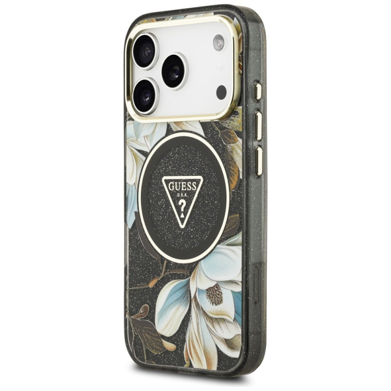 Capa MagSafe Guess IML Glitter Flowers Triangle para Apple iPhone 18 Pro Max / 17 Pro Max, preta