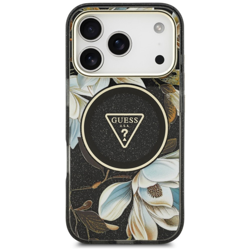 Capa MagSafe Guess IML Glitter Flowers Triangle para Apple iPhone 18 Pro Max / 17 Pro Max, preta