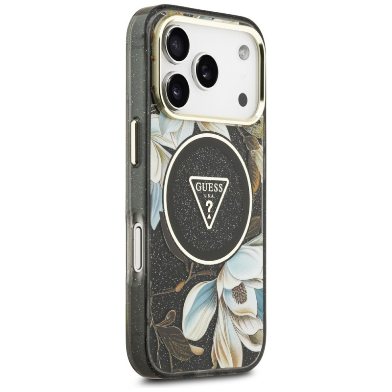 Capa MagSafe Guess IML Glitter Flowers Triangle para Apple iPhone 18 Pro Max / 17 Pro Max, preta