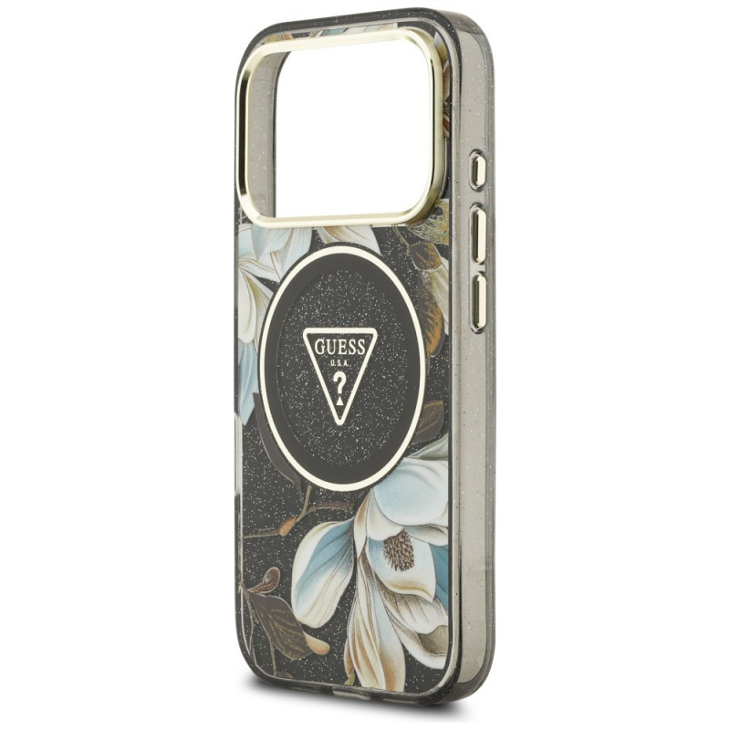 Capa MagSafe Guess IML Glitter Flowers Triangle para Apple iPhone 18 Pro Max / 17 Pro Max, preta