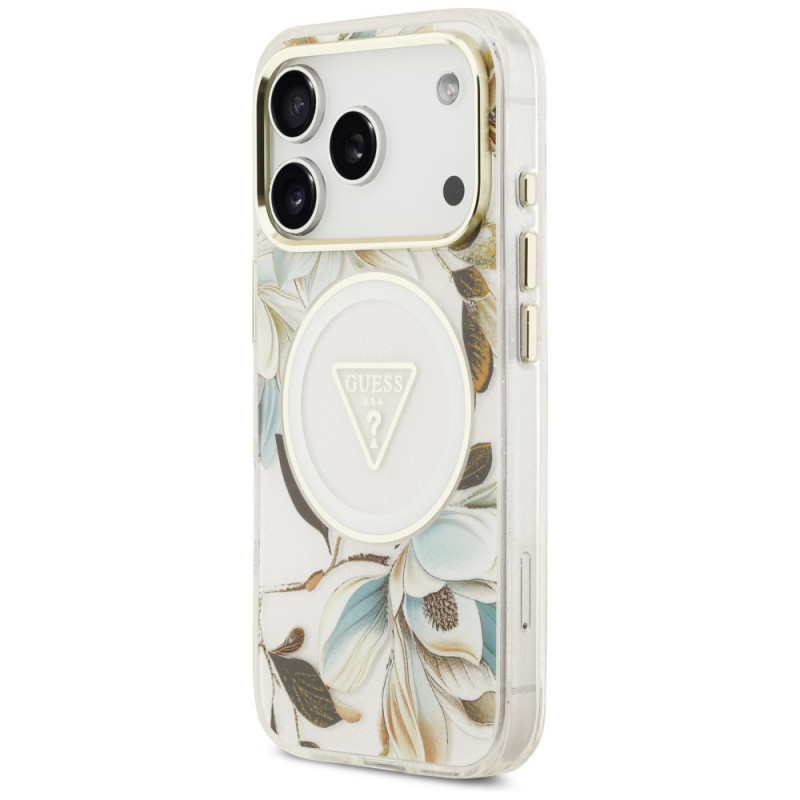 Capa Guess IML Glitter Flowers Triangle MagSafe para Apple iPhone 18 Pro Max / 17 Pro Max, branca