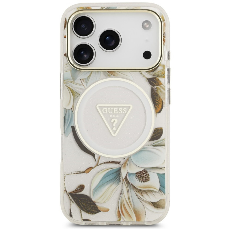 Capa Guess IML Glitter Flowers Triangle MagSafe para Apple iPhone 18 Pro Max / 17 Pro Max, branca