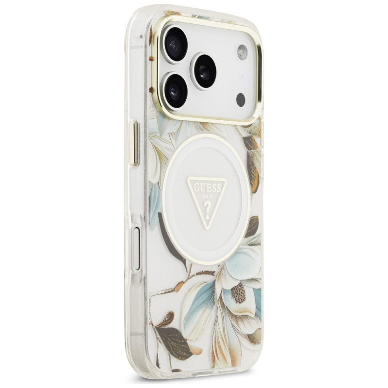Capa Guess IML Glitter Flowers Triangle MagSafe para Apple iPhone 18 Pro Max / 17 Pro Max, branca