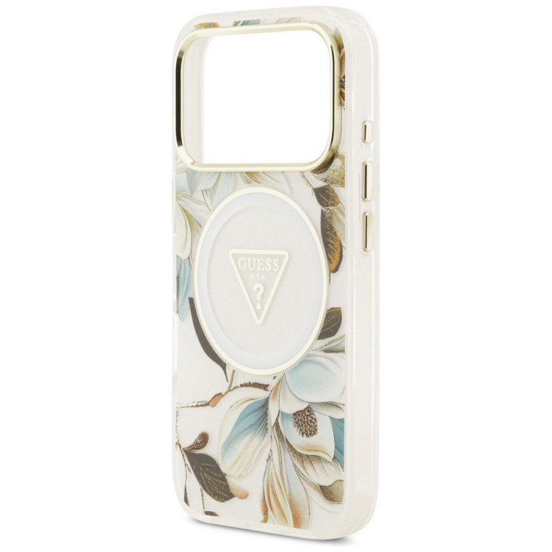 Capa Guess IML Glitter Flowers Triangle MagSafe para Apple iPhone 18 Pro Max / 17 Pro Max, branca