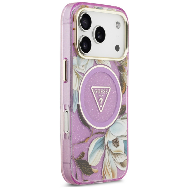 Capa MagSafe Guess IML Glitter Flowers Triangle para Apple iPhone 18 Pro Max / 17 Pro Max, roxa