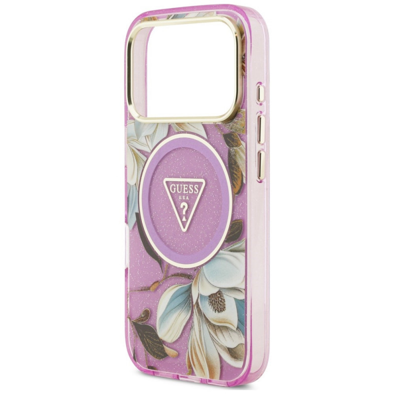 Capa MagSafe Guess IML Glitter Flowers Triangle para Apple iPhone 18 Pro Max / 17 Pro Max, roxa