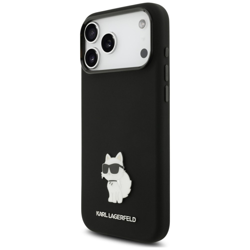 Capa Karl Lagerfeld Silicone Choupette Metal Pin para Apple iPhone 18 Pro Max / 17 Pro Max, preta