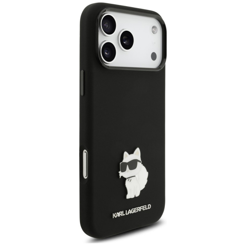 Capa Karl Lagerfeld Silicone Choupette Metal Pin para Apple iPhone 18 Pro Max / 17 Pro Max, preta