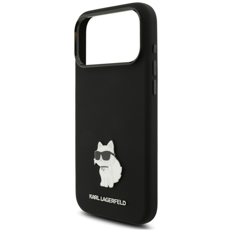 Capa Karl Lagerfeld Silicone Choupette Metal Pin para Apple iPhone 18 Pro Max / 17 Pro Max, preta