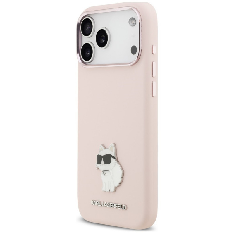 Capa Karl Lagerfeld Silicone Choupette Metal Pin para Apple iPhone 18 Pro Max / 17 Pro Max, rosa