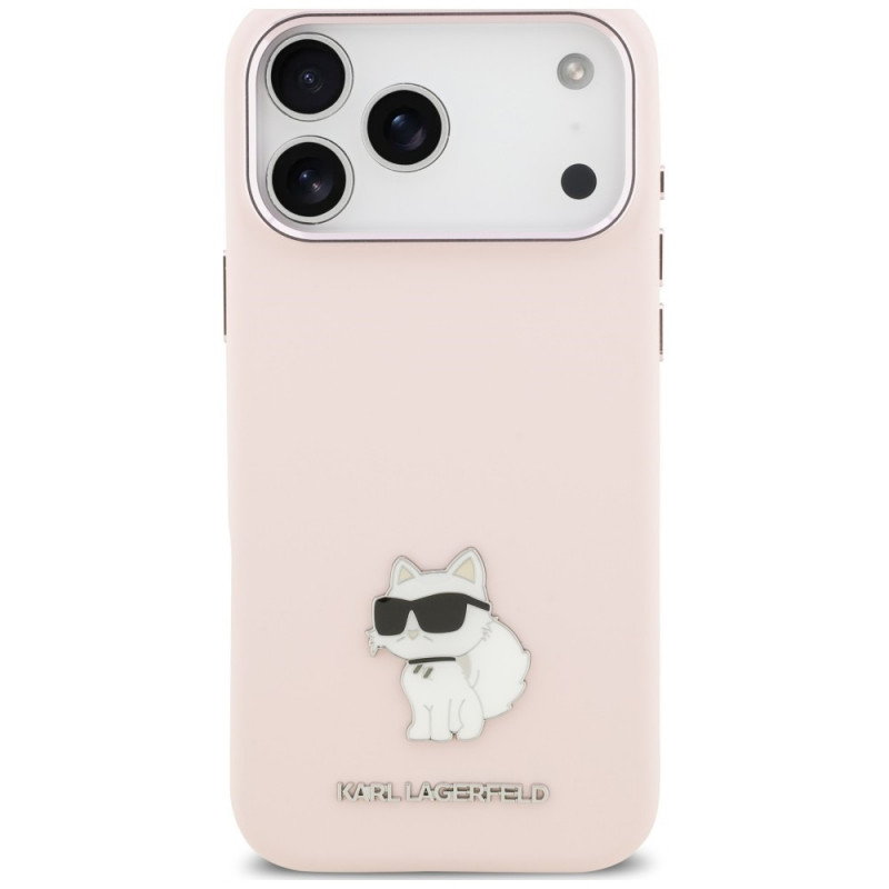 Capa Karl Lagerfeld Silicone Choupette Metal Pin para Apple iPhone 18 Pro Max / 17 Pro Max, rosa