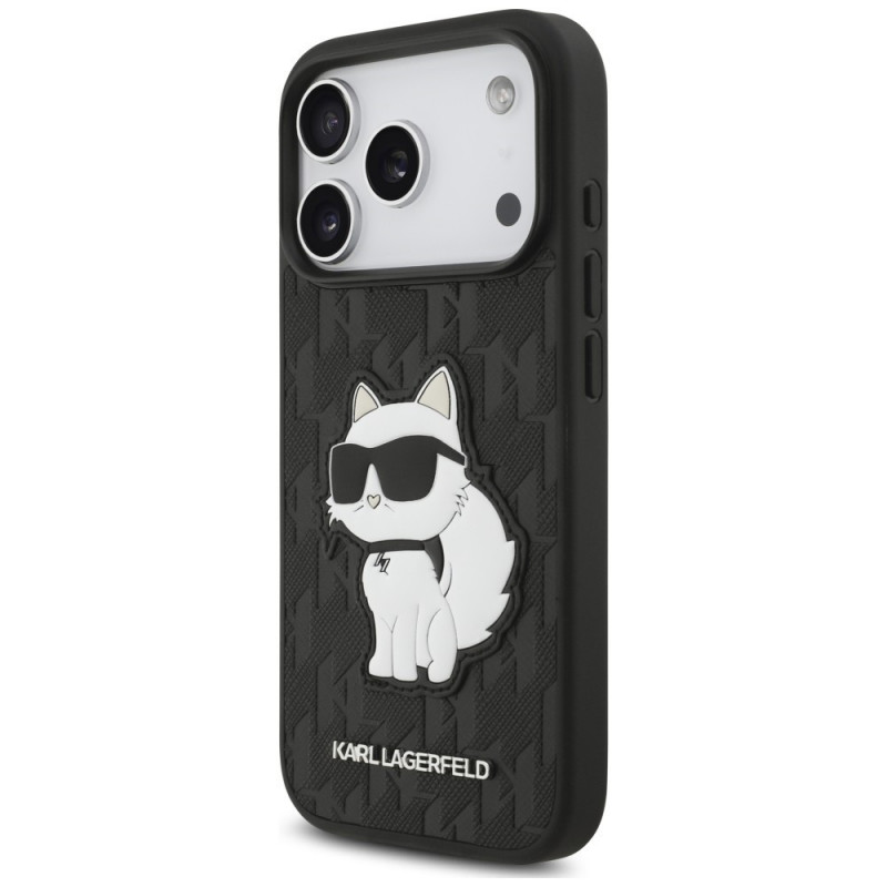 Capa Karl Lagerfeld Saffiano Mono Patch Choupette para Apple iPhone 18 Pro / 17 Pro, preta