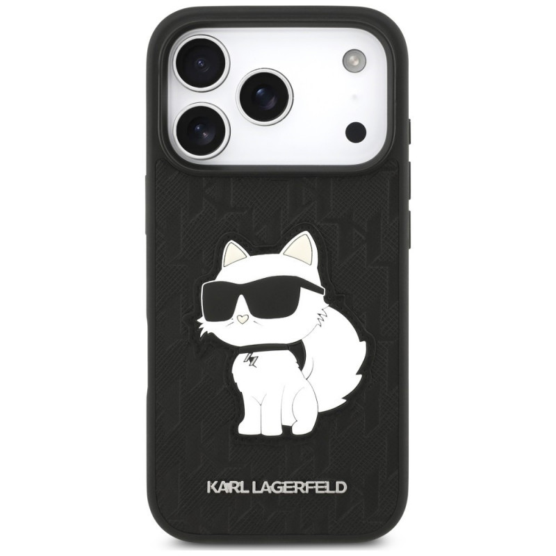 Capa Karl Lagerfeld Saffiano Mono Patch Choupette para Apple iPhone 18 Pro / 17 Pro, preta